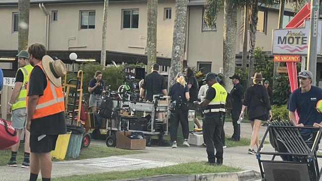 Film crews took over this motel on Frank St, Labrador on March 31, 2023. Picture: Kathleen Skene