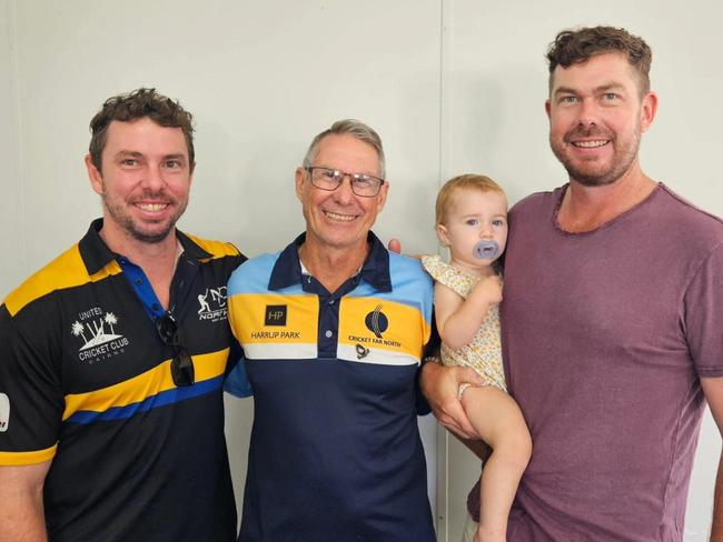 Pictured (l-r): Angus Warnock, Julian Warnock and Mitch Warnock. Julian Warnock awarded Cricket Far North life membership for his decades of service to the local cricketing community. Cricket Far North 2024. Source: Cricket Far North Facebook