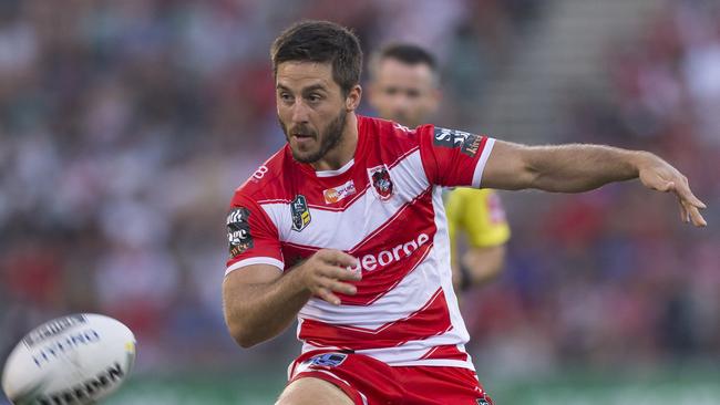 Ben Hunt of the Dragons kicks during the Round 4 NRL match between the St George-Illawarra Dragons and the Newcastle Knights at WIN Stadium in Wollongong, Sunday, April 1, 2018. (AAP Image/Craig Golding) NO ARCHIVING, EDITORIAL USE ONLY