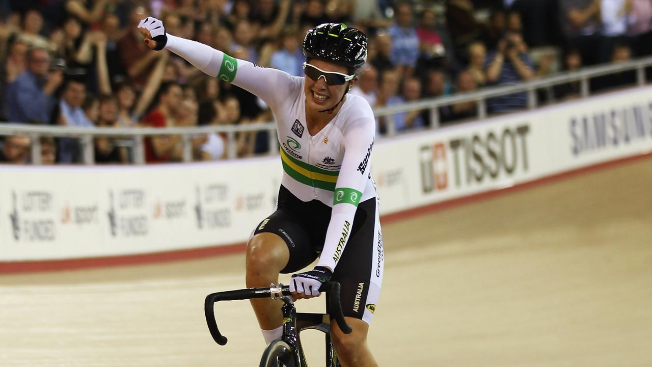 Melissa celebrates winning the Women's Scratch Race during the UCI Track Cycling World Cup LOCOG Test Event for London 2012. Picture: Bryn Lennon / Getty Images)