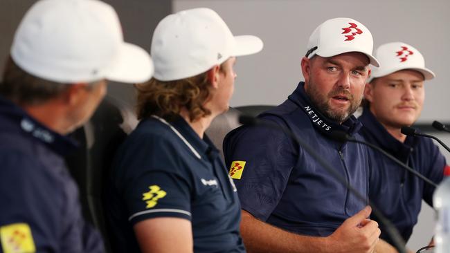 Marc Leishman talks to media along with team mates Matt Jones, Cameron Smith and Jed Morgan.