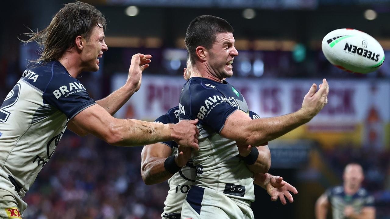 Chad Townsend celebrates a try. (Photo by Chris Hyde/Getty Images)