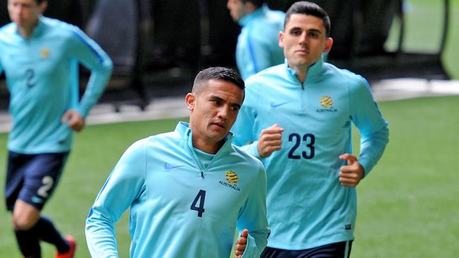 Socceroos during a training session in Melbourne, Monday.