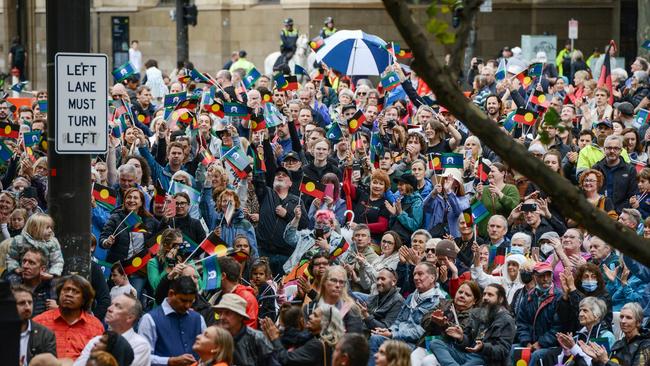 A large crowd outside Parliament House react after the government of South Australia passes the nation’s first voice to Parliament. Picture: NCA NewsWire / Brenton Edwards