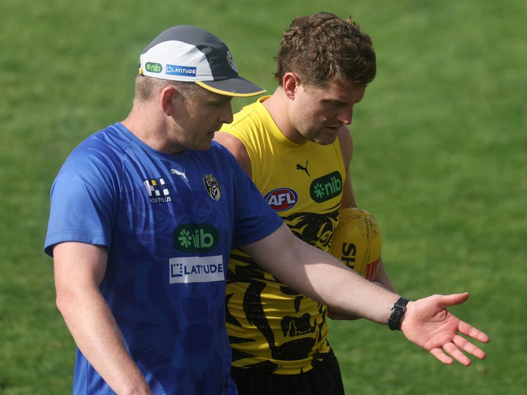 Jack Ziebell working with Jacob Hopper at a Richmond training session. Picture: Daniel Pockett/Getty Images