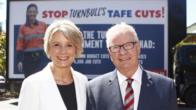 Labor Candidate Kristina Keneally and Senator Doug Cameron in front of the union-paid ad at Meadowbank. Picture: Daniel Munoz