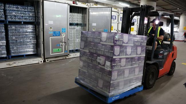 Bottled drinks that will be sold throughout Taylor Swift’s four Sydney concerts stacked in underground cages. Picture: Tim Hunter