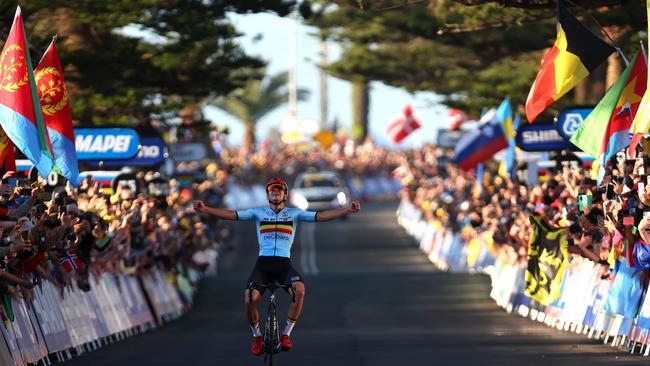 Remco Evenepoel of Belgium celebrates at finish line as race winner during the 95th UCI Road World Championships 2022, Men Elite Road Race a 266,9km race from Helensburgh to Wollongong on September 25, 2022 in Wollongong, Australia. Picture: Con Chronis/Getty Images