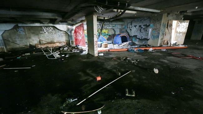 Homeless lair that is an old underground carpark in the basment of an abandoned building on corner of Markwell Ave and Gold coast high way. Picture Mike Batterham