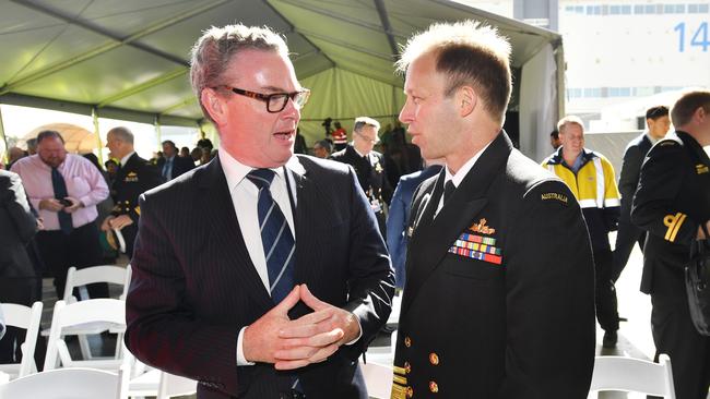 Then minister for defence industry Christopher Pyne with Vice Admiral Michael Joseph Noonan on May 10. Picture: AAP