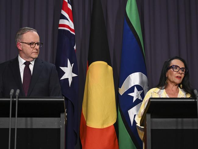 Prime Minister Anthony Albanese and Linda Linda Burney hold a press conference after the Voice to Parliament was defeated in the referendum at Parliament House in Canberra. Picture: NCA NewsWire / Martin Ollman
