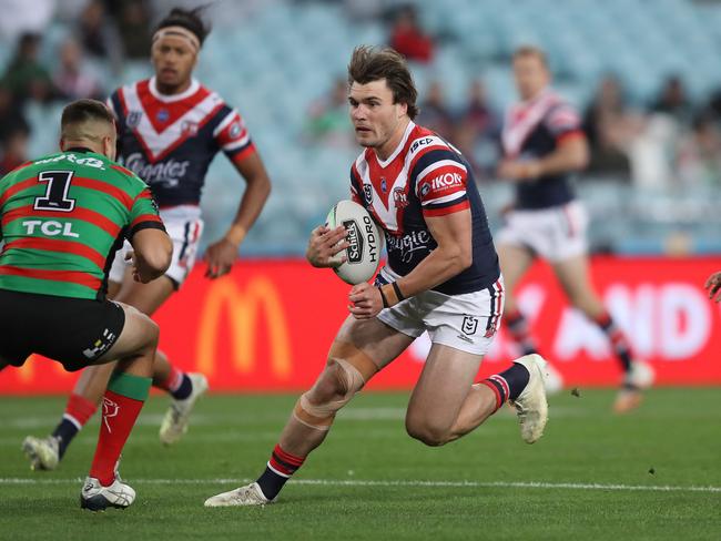 Angus Crichton is loving life on an edge for the Roosters. Picture: Brett Costello