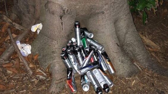 Homeless teenagers dump aerosol cans by a tree in the Broadwater Parklands at Southport, on the Gold Coast.