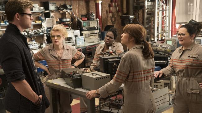 Chris Hemsworth, Kate McKinnon, Leslie Jones, Kristen Wiig and Melissa McCarthy in Ghostbusters. Picture: Sony