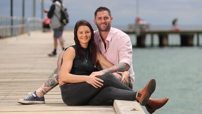 AFLW Collingwood player Sharni Layton and her fiance Luke Norder have postponed their wedding due to the pandemic and instead put the money into moving to Frankston where Sharni has set up a footy Academy. Picture: Alex Coppel