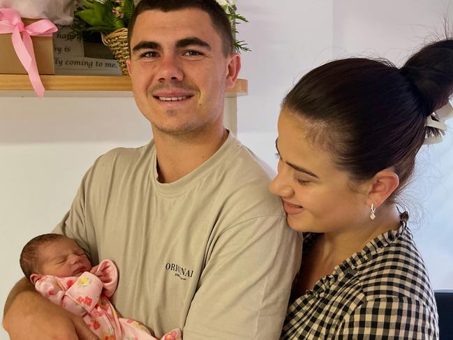 Jake Clifford with his wife Stephanie and new baby Naivy,  The 23-year-old Newcastle Knights halfback was granted an exemption from his team bubble to travel back to Townsville for the birth of the couple’s baby girl, Naivy, at Mater Mothers’ Private Townsville on Sunday.   - Photo supplied