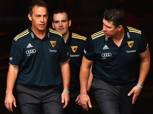 Alastair Clarkson (L) and Brett Ratten (R) during their coaching tenure at Hawthorn. Picture: Quinn Rooney/Getty Images