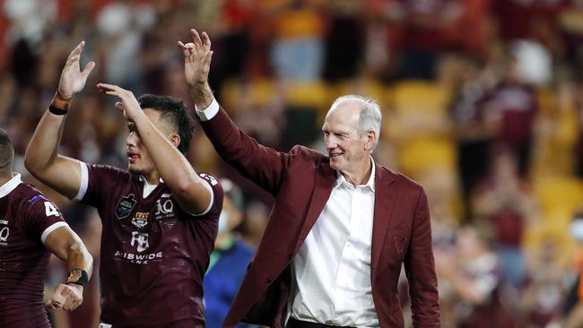Maroons coach Wayne Bennett celebrates Queensland’s 2020 State of Origin triumph.