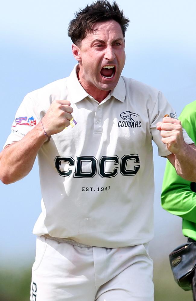 Rob Johnston celebrates a wicket for Carrum Downs. (Photo by Josh Chadwick)