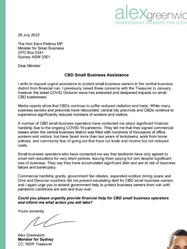 Alex Greenwich wrote to former small business minister Eleni Petinos warning that Sydney small businesses faced ‘financial ruin’.