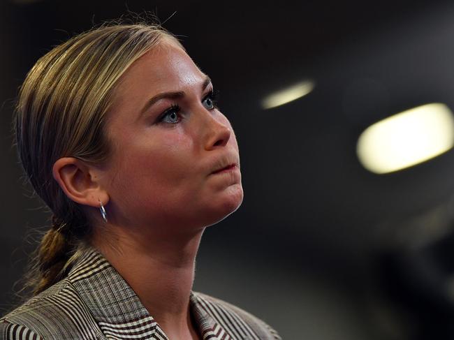 Grace Tame speaking at the National Press Club in Canberra. Picture: Sam Mooy/Getty Images