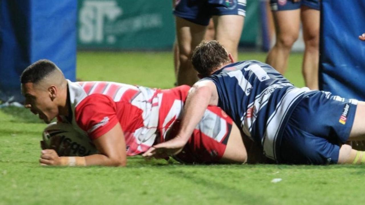 Emu Park’s Cayless Motto goes in for a try. Photo: Leeann Booth