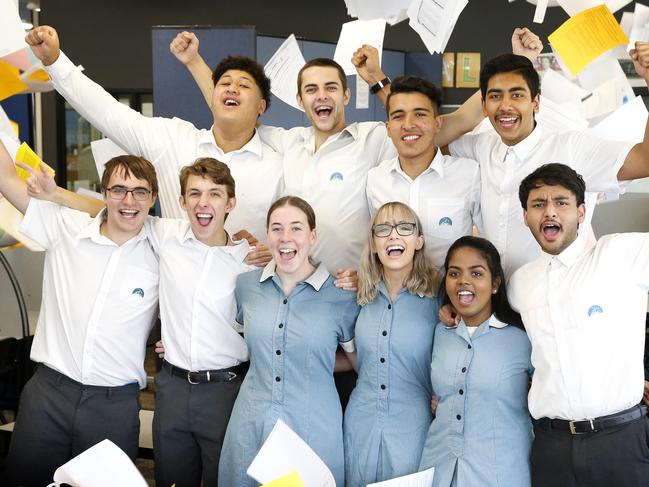 Cranbourne East Secondary students celebrating their VCE scores. The school has improved its median study score by four points to make it one of the most improved in the state. Dux Jaden Hall (ATAR 97.4) will be there and will be the first in his family to go to university. Students (back row) Poe Pouesi 17, Jami Kolasinac 18, Rhamin Azizi 17, Armann Singh Gill 18, (front Row) Jayden Hall 17 (Dux), Cory Williams 18, Billie-Rose Hood 17, Abbey McGrath 18, Grace Tibusious 18 and Nathan Fernando 18.      Picture: David Caird