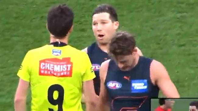 Stills from vision showing Greater Western Sydney star Toby Greene walking towards umpire Matt Stevic. Picture Fox Sports