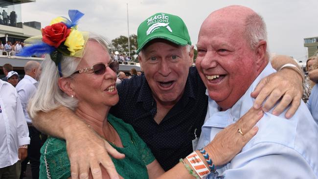 Alligator Blood owners Allan Endresz (centre), Robyn and Jeff Simpson celebrate at the Magic Millions.