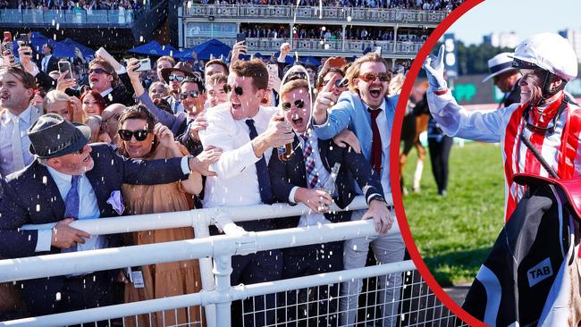 Things get rowdy in the member’s enclosure after Giga Kick’s win, inset winning jockey Craig Williams.