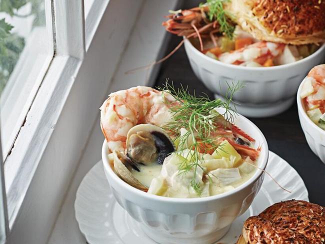 Seafood chowder, fennel and Pernod pot pies.