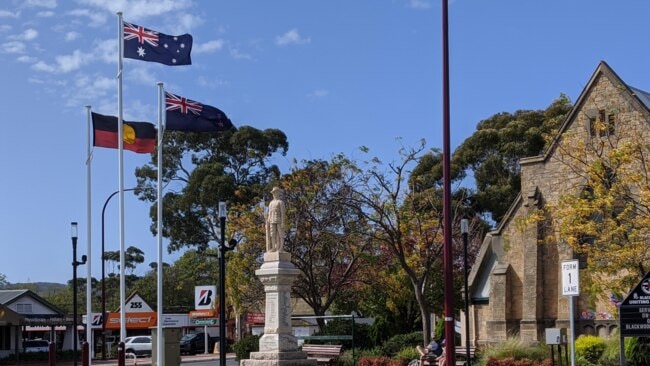 Flags at the Blackwood Soldier’s Memorial, where the Australian Aboriginal flag is currently flown on some occasions. Picture: Supplied