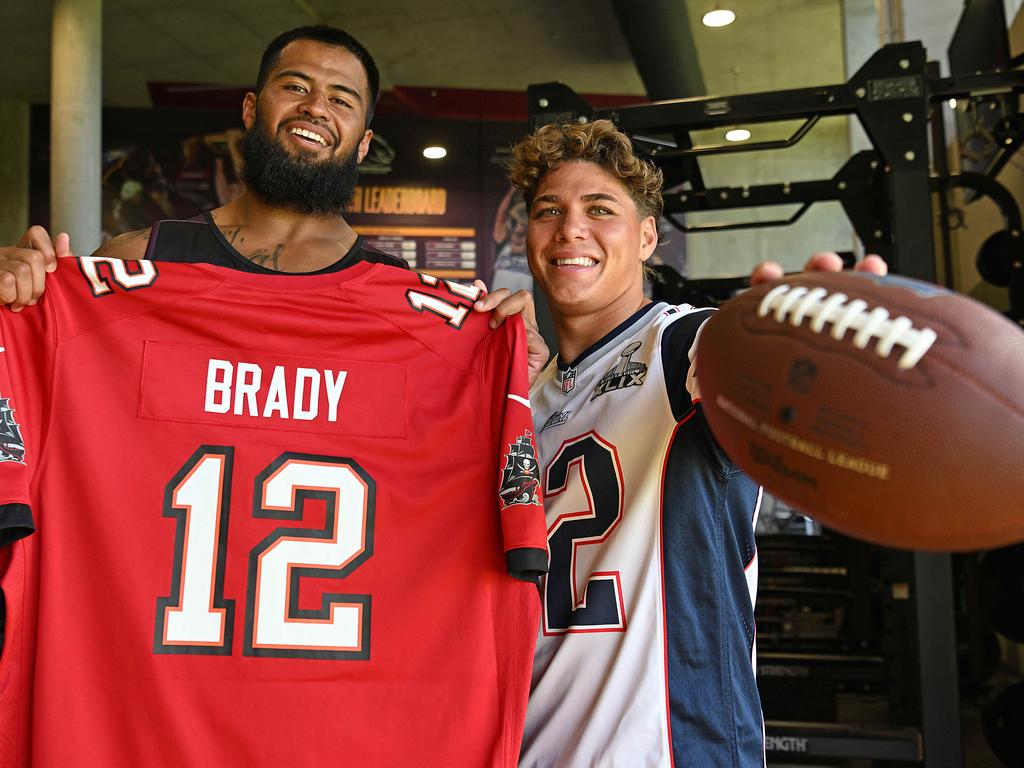 Broncos players Payne Haas and Reece Walsh will meet with NFL legend Tom Brady. Picture: Lyndon Mechielsen/Courier Mail