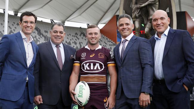 Ben Ikin with Broncos hooker Jake Turpin (centre) and fellow Queensland Fox Sports presenters Mal Meninga, Corey Parker and Gorden Tallis. Picture: Jonathan Ng