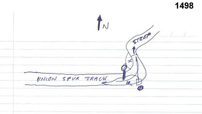 A hand drawn map detailing where he burnt the remains. Picture: Supplied/ Supreme Court of Victoria.