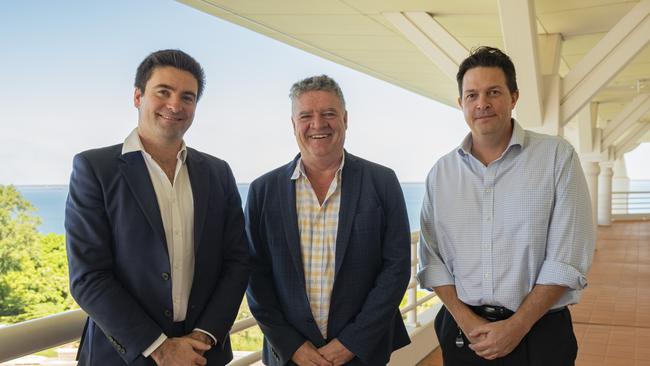 L-R: Top End energy managing director Oliver Oxenbridge, Mining Minister Mark Monaghan, and Department of Industry, Tourism and Trade senior director energy development James Pratt at Parliament House after inking the deal. Picture: Mitch Drescher