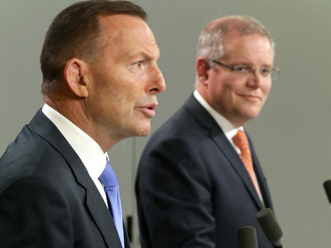 The Prime Minister Tony Abbott and Scott Morrison announce one of their key budget measures ... usually the job of the treasure. Pic: Stephen Cooper