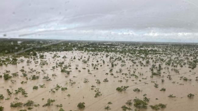 As the most significant wet season in a decade impacted the Far North with flooding isolating towns, Tirranna resident Jil Wilson took this image as her family were evacuated by helicopter to Burketown. "No high ground all the way," she said. Picture: Supplied