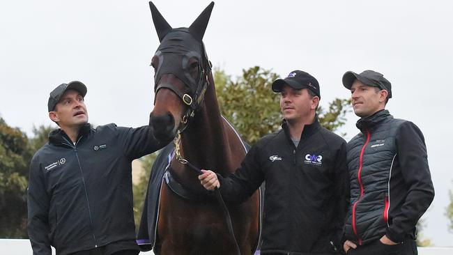 (L-R) Team Winx: Trainer Chris Waller, Winx, strapper Umut Odemislioglu and jockey Hugh Bowman. Picture: Nicole Garmston