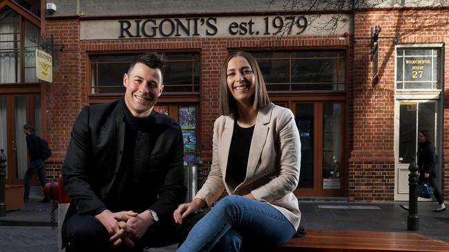 Laura Sharrad with husband Max, in front of the old Rigoni's on Leigh Street. The couple has transformed the venue into an eatery with an Italian menu and New York glamour. Photo: Tricia Watkinson