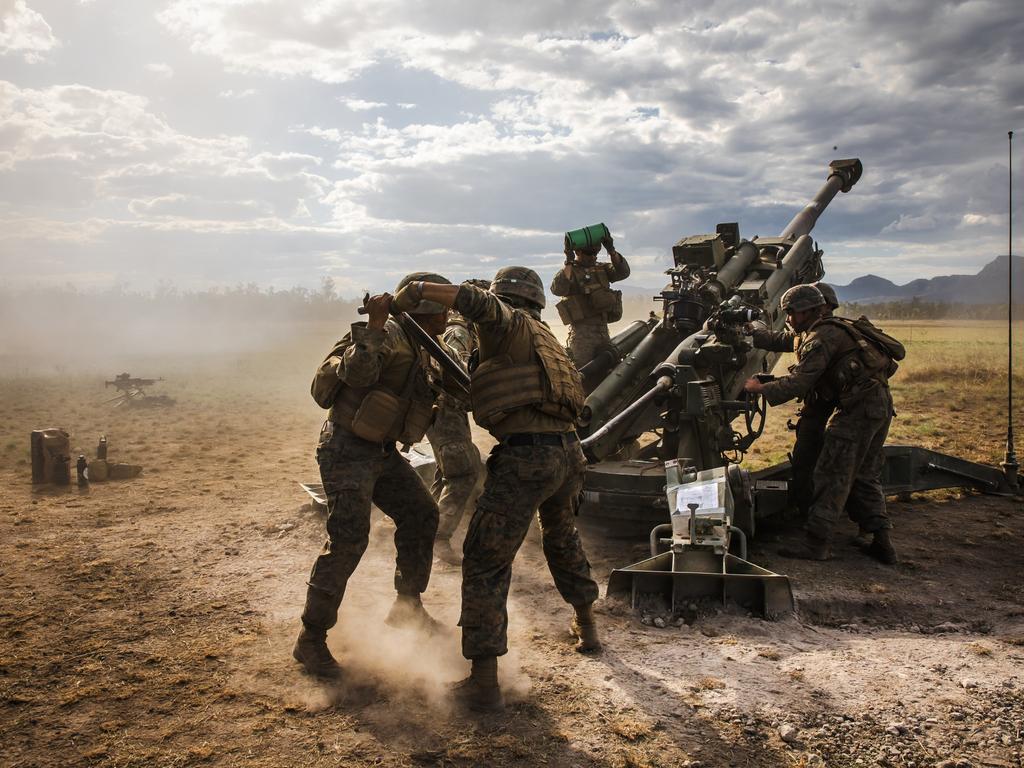 United States Marine Corps, 31st Marine Expeditionary Unit (MEU) firing an M777 howitzer during the Exercise Talisman Sabre 2023 firepower demonstration at Shoalwater Bay Training Area, Queensland.