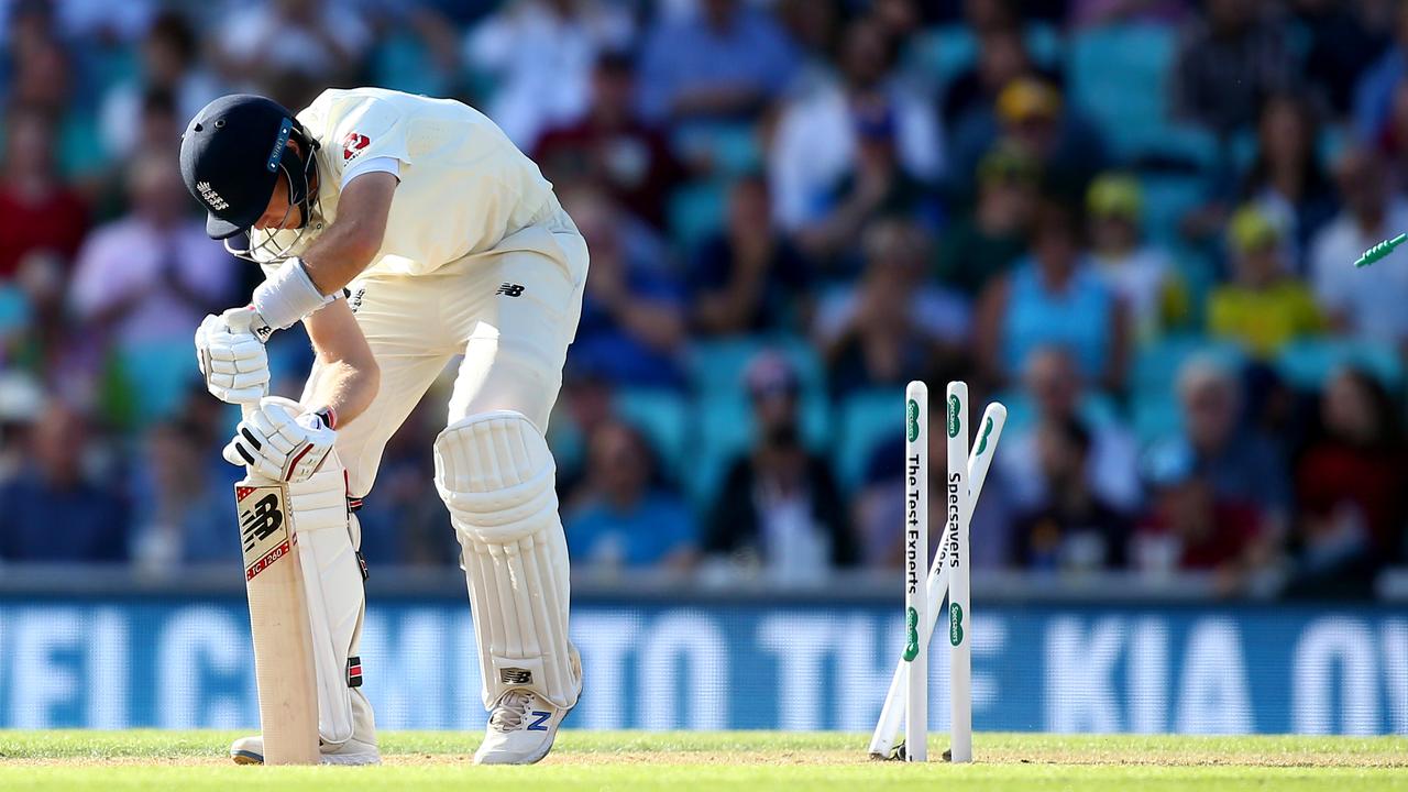 Joe Root has been skittled by Pat Cummins a number of times already. Picture: Jordan Mansfield/Getty Images for Surrey CCC