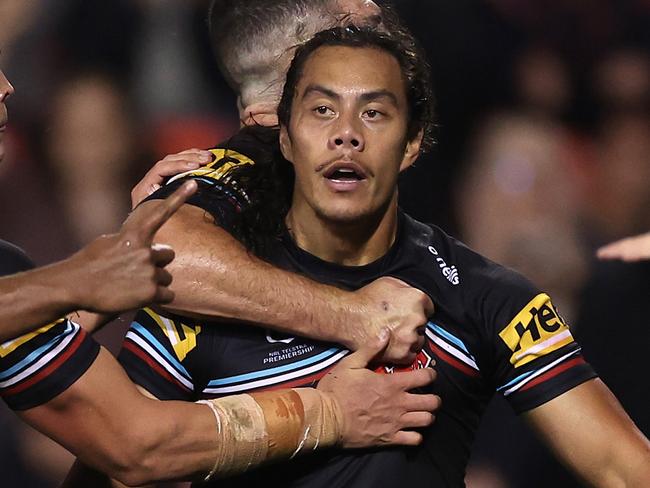 PENRITH, AUSTRALIA - MAY 12:  Jerome Luai of the Panthers celebrates with team mates after scoring a try during the round 11 NRL match between the Penrith Panthers and Sydney Roosters at BlueBet Stadium on May 12, 2023 in Penrith, Australia. (Photo by Mark Kolbe/Getty Images)