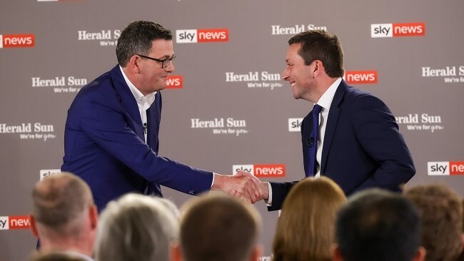 On the last day of campaigning, the Premier declared "the choice could not clearer" between Labor and the Coalition, while Opposition leader Matthew Guy warned voters against a "Daniel Andrews hangover" on Sunday.Picture: Ian Currie
