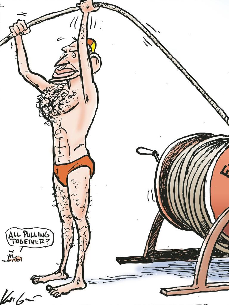 Mark Knight cartoon. Tony Abbott rolling the fibre optic cable out for the Opposition's broadband policy. Network. Speedos. 2010 Federal Election. Liberal.