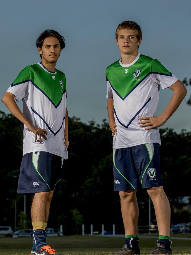 Helensvale and Palm Beach Currumbin will go head to head in the Queensland Schools Premier League semi finals on Thursday. Helensvale players, Ariss Laghai, 16 and Noah Davies, 15. Picture: Jerad Williams