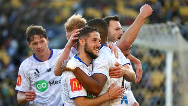 WELLINGTON, NEW ZEALAND - NOVEMBER 02: Jake Brimmer of Auckland FC celebrates a goal during the round three A-League Men match between Wellington Phoenix and Auckland FC at Sky Stadium, on November 02, 2024, in Wellington, New Zealand. (Photo by Phil Walter/Getty Images)