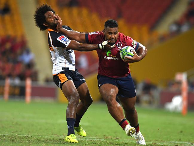 Taniela Tupou of the Reds (right) pushes Henry Speight of the Brumbies during the Round 3 Super Rugby match between the Queensland Reds and the Brumbies at Suncorp Stadium in Brisbane, Friday, March 2, 2018. (AAP Image/Dan Peled) NO ARCHIVING, EDITORIAL USE ONLY