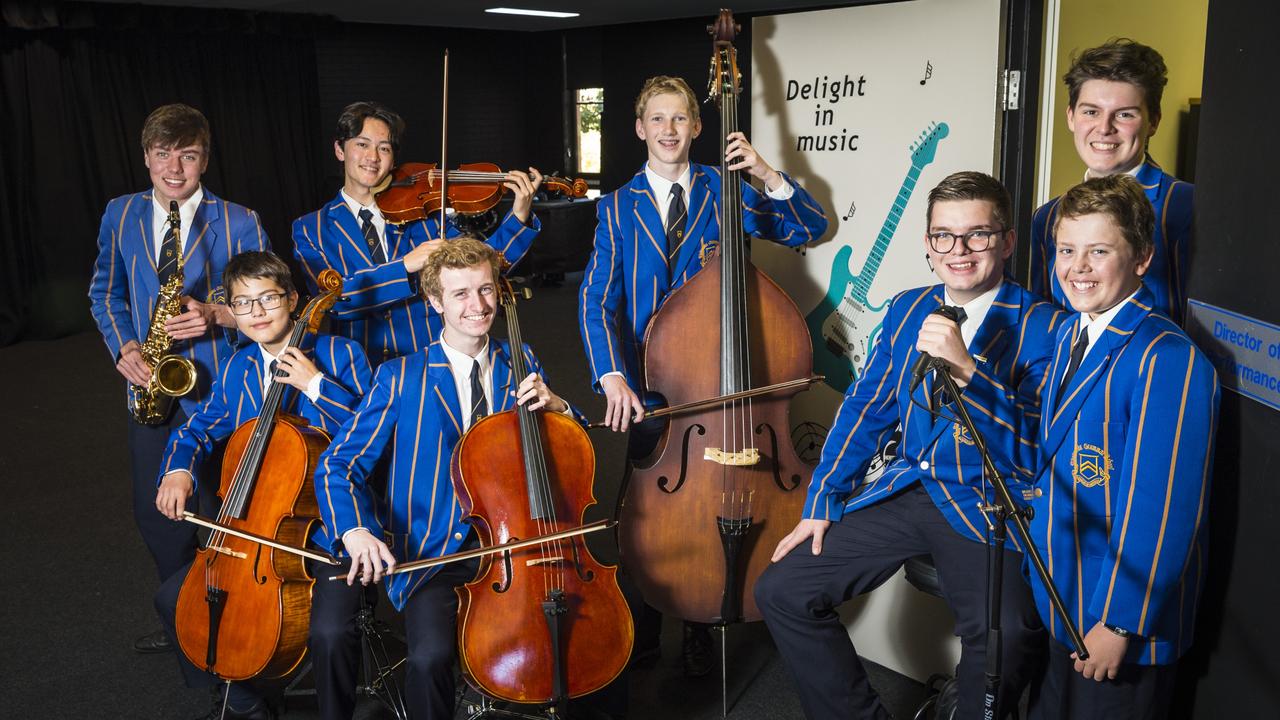 TGS music students (from left) James Crothers, Joshua Green, Sean Bain, Angus Mohr, Isaac Constable, Hamish Wells, Ruben Fitton and Banjo Seaniger, Tuesday, June 1, 2021. Picture: Kevin Farmer