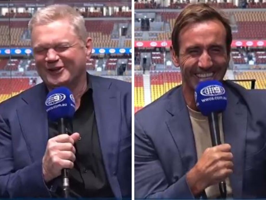 Paul Vautin and Andrew Johns go rogue post-match. Photos: Nine Network